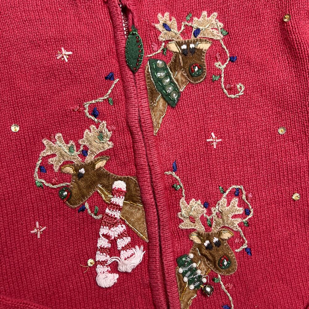 Vintage Y2K Reindeer Christmas Sweater Zip Red Beaded Knit Embroidered Holiday - Picture 2 of 8